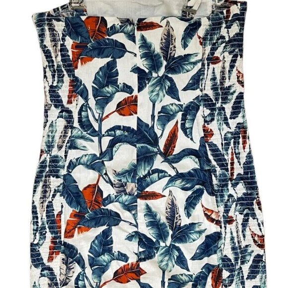 Robin K Sheath Mini Dress Medium White Blue Linen-Cotton Lined Wide Straps Leave - Picture 10 of 16